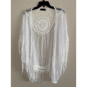 Talent White Crochet Medallion Fringe Kimono Wrap Top 3XL ITJ5203-3 Boho Womens